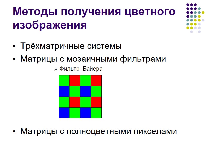 Методы получения цветного изображения Трёхматричные системы Матрицы с мозаичными фильтрами Фильтр  Байера 